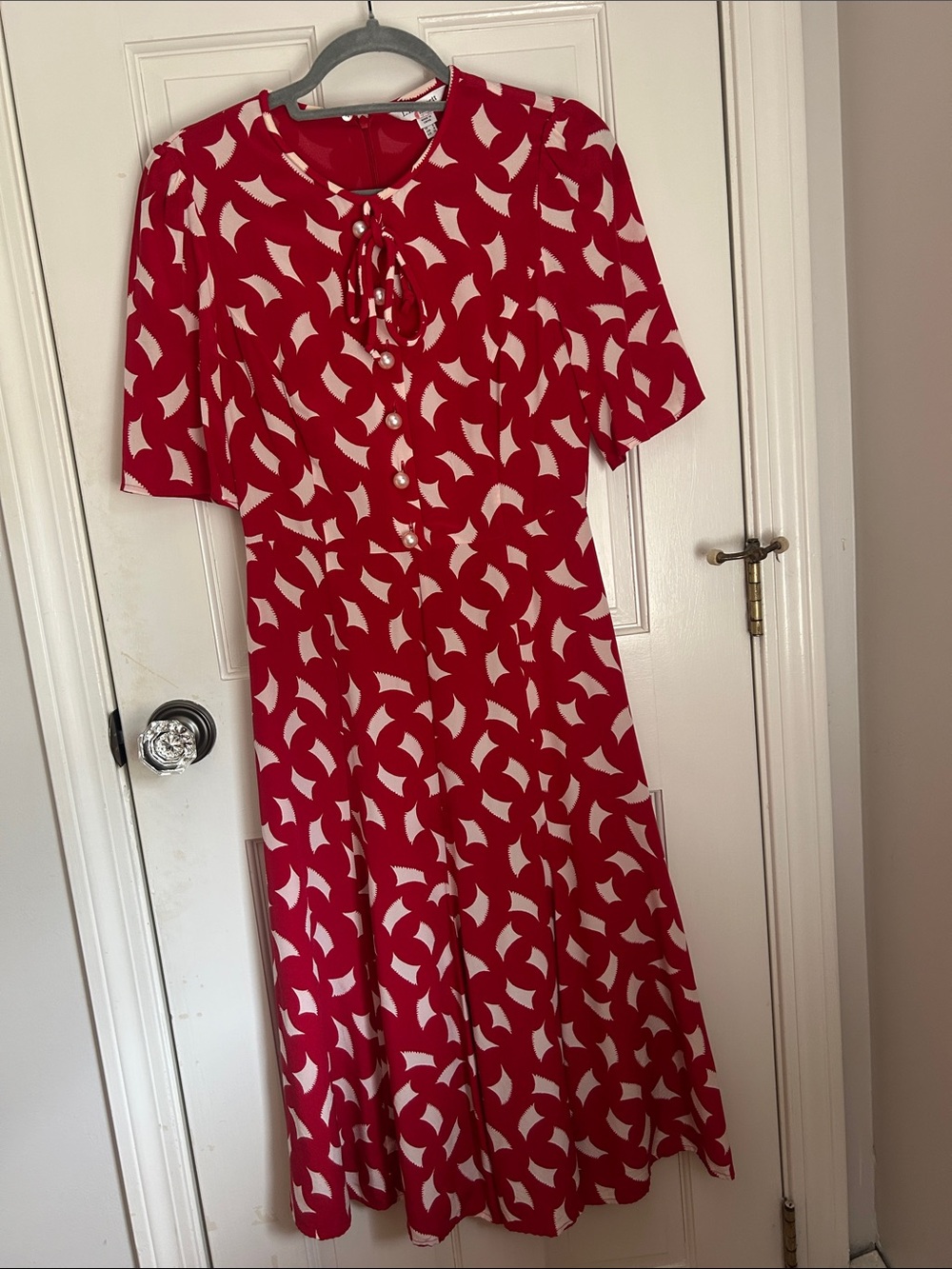 LK Bennett Red and Cream Printed Tie-Neck Midi Dress